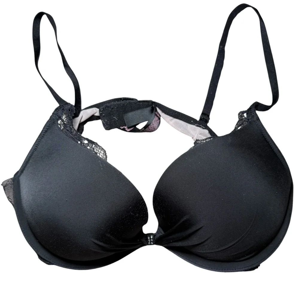 Victoria's‎ Secret Black Lace Push-Up Bra 34B Rhinestone Strap Padded Underwire